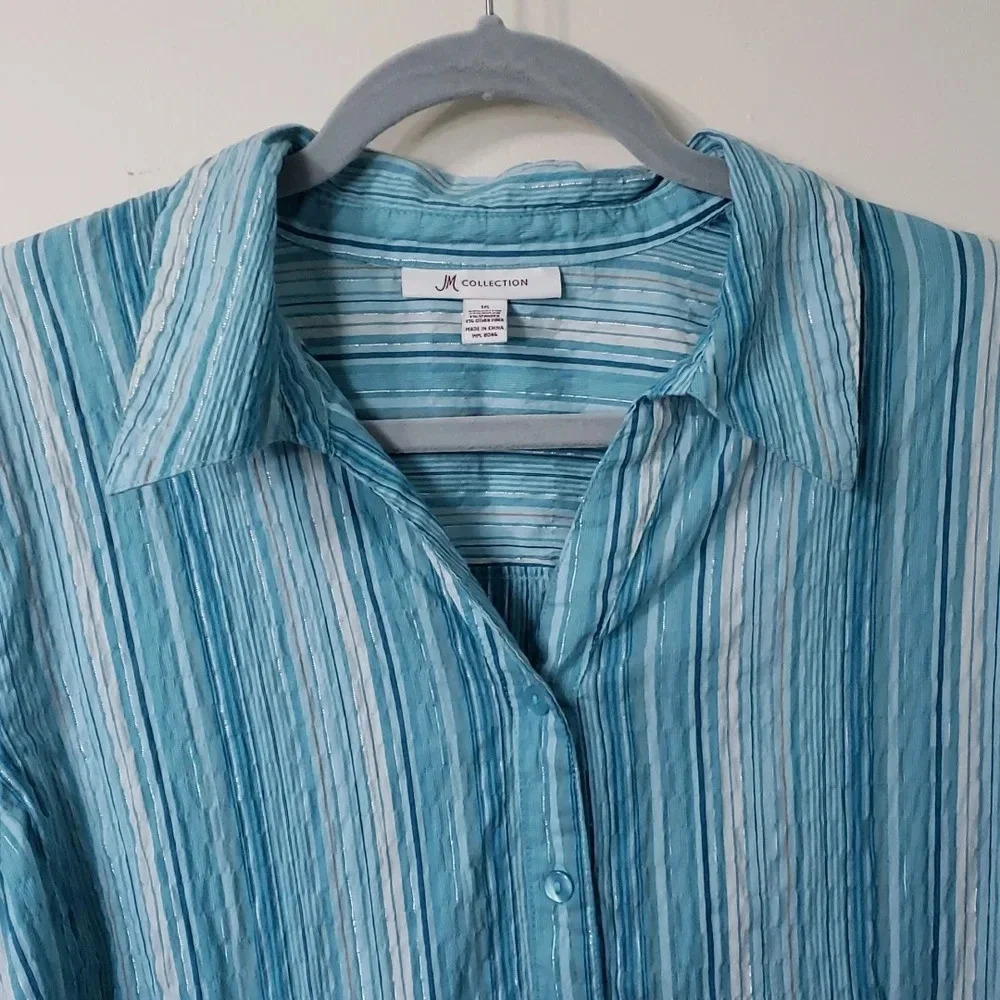 JM Collection Blue Button Down - Picture 3 of 13